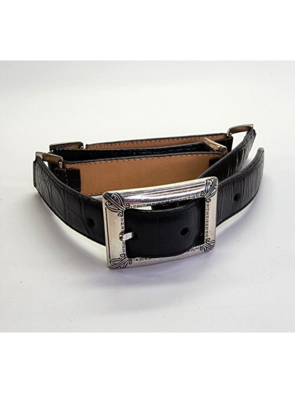 Vtg Black Crocodile Embossed Leather Western Bel tSize S Ornate Buckle 90s